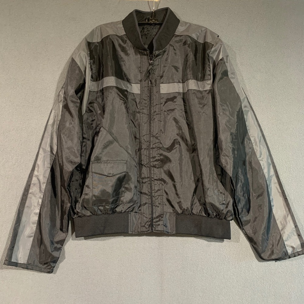 Men's Large Motorsports Bomber Jacket Nylon Gray Black‎ Color Block Zipper Vents